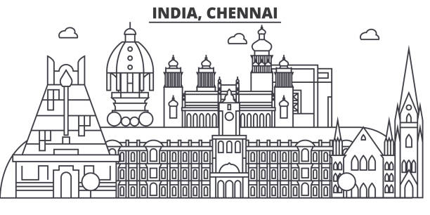 Chennai, India architecture line skyline illustration. Linear vector cityscape with famous landmarks, city sights, design icons. Landscape wtih editable strokes Chennai, India architecture line skyline illustration. Linear vector cityscape with famous landmarks, city sights, design icons. Editable strokes tamil nadu landscape stock illustrations