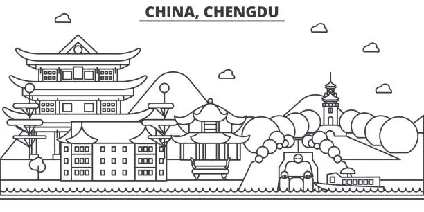 Vector illustration of China, Chengdu architecture line skyline illustration. Linear vector cityscape with famous landmarks, city sights, design icons. Landscape wtih editable strokes