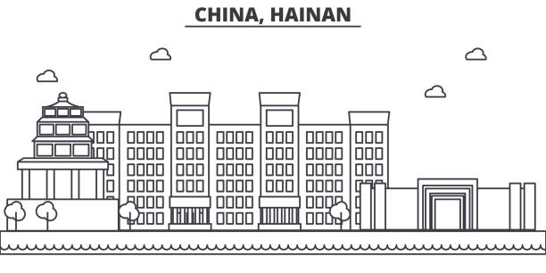 中國, 海南建築線天際線�插圖。具有著名地標、城市景觀、設計圖示的線形向量城市景觀。具有可編輯描邊的橫向 - 海南島 幅插畫檔、美工圖案、卡通及圖標