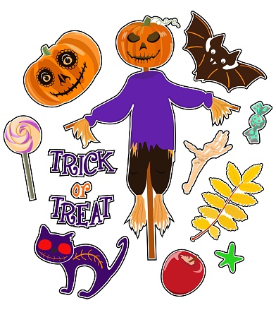 Colorful vector set of stickers/ badges/ icons/ patches/ design elements with pumpkin and cat, sweets, bat, scarecrow, skeleton hand and text trick or treat on white background. Badges of the holiday of Halloween.
