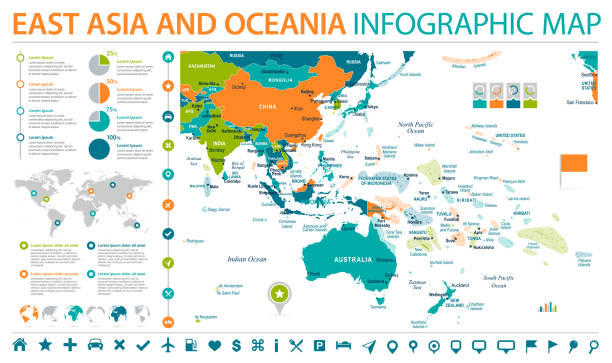 illustrazioni stock, clip art, cartoni animati e icone di tendenza di mappa dell'asia orientale e dell'oceania - info graphic vector illustration - isole del pacifico