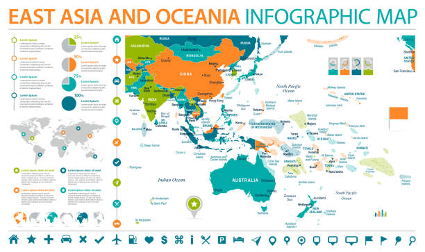 ilustrações, clipart, desenhos animados e ícones de sudeste da ásia e oceania map - info vetor gráfico ilustração - ilhas do pacífico