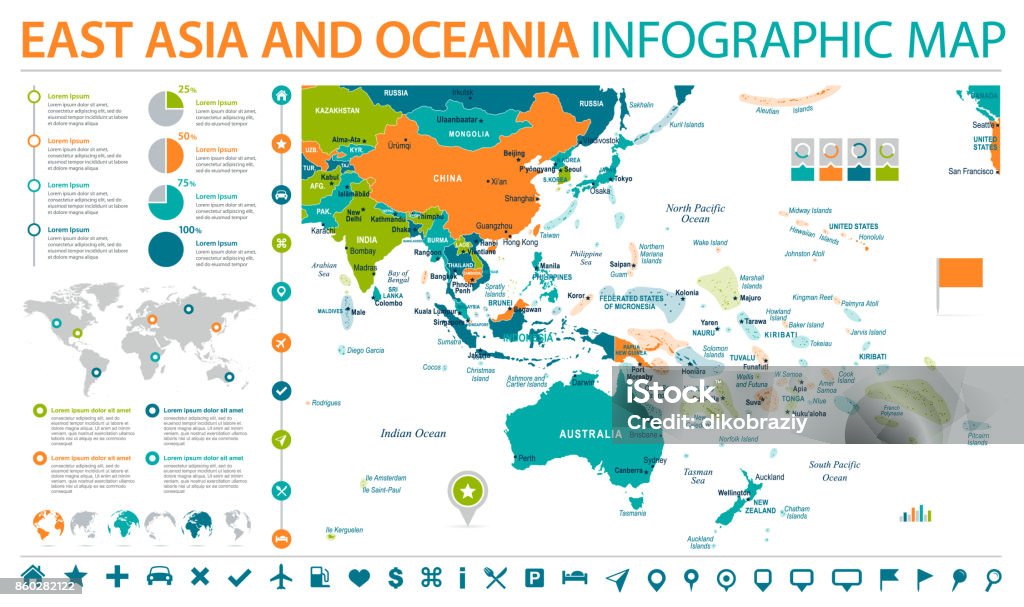 East Asia and Oceania Map - Info Graphic Vector Illustration East Asia and Oceania Map - Detailed Info Graphic Vector Illustration Map stock vector