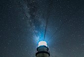 Lighthouse at night with radiating beams and starry sky with Milky Way