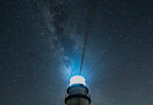 Lighthouse at night with radiating beams and starry sky with Milky Way Top part of New England lighthouse isolated against dark, starry sky, with light beams radiating upward Beacon stock pictures, royalty-free photos & images