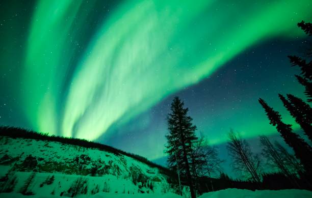 istock Bright green aurora borealis and starry sky over snowy landscape 860291962