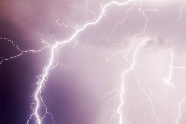 istock Thunder storm lightning strike on the dark purple cloudy sky background at night 860295452