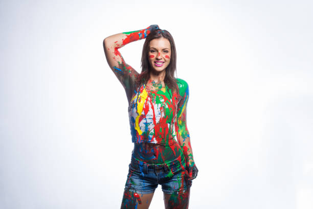 istock Close up of brunette model covered in liquid paint 860295884