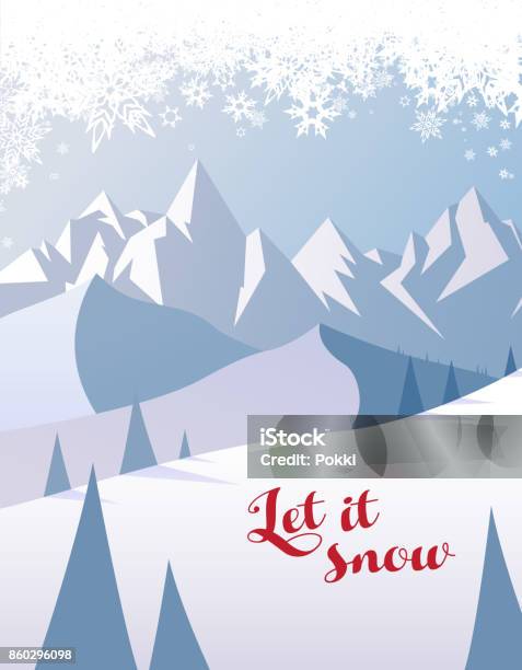 Winter Mountain Landscape Scenery With Let It Snow Text Stock Illustration - Download Image Now