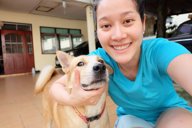 istock Asian woman selfie with dog 860313526