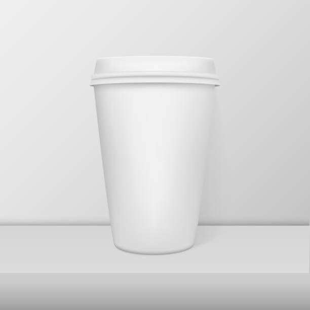 istock Realistic blank paper coffee cup White alarm clock closeup standing on white table. Design template, mockup for branding and advertise. Stock vector illustration, eps10 860317552