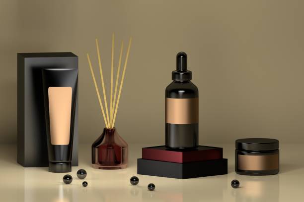 istock Set of cosmetic bottles with home perfume diffuser in dark colors 860324688