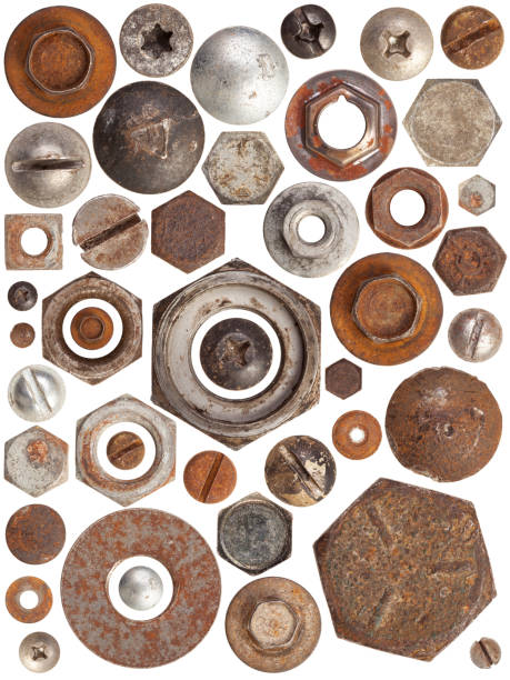 Nuts and Bolts A huge collection of rusty bolts, screws, and nuts on a white background. Excellent for adding texture and extra details to your designs. bolt fastener photos stock pictures, royalty-free photos & images