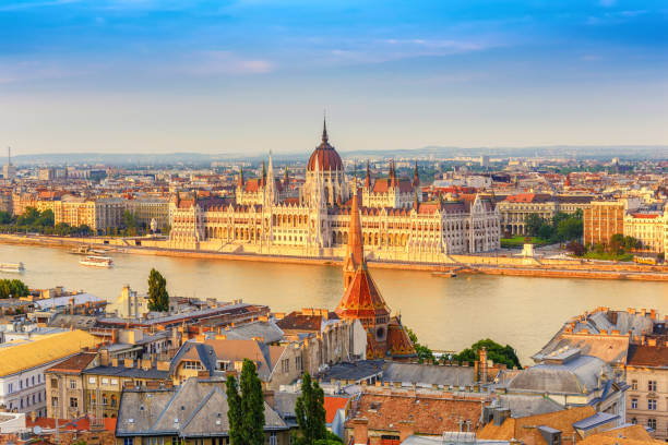 Budapest city skyline at Hungalian Parliament and Danube River, Budapest, Hungary stock photo