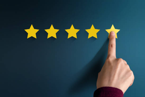 istock Customer Experience Concept, Best Excellent Services Rating for Satisfaction present by Hand of Client pressing Five Star 860352094