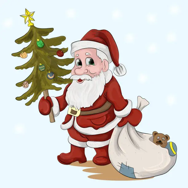 Vector illustration of Santa Claus with a Christmas tree and a bag of gifts