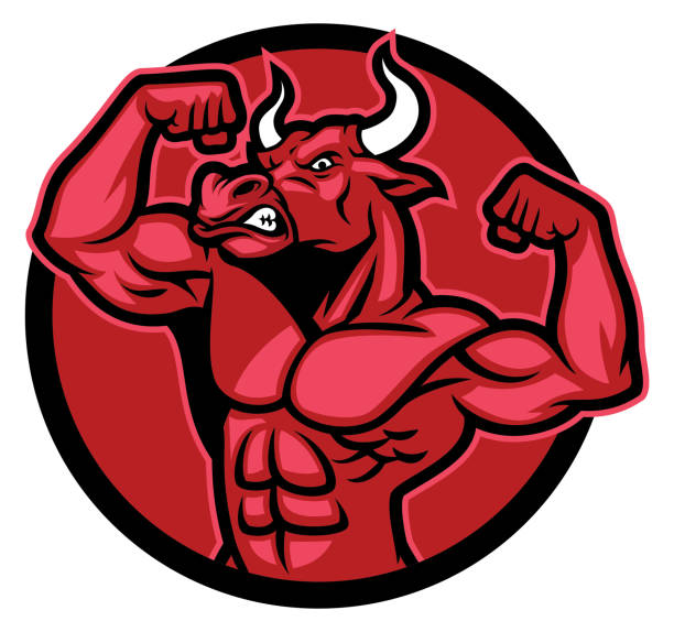 ilustraciones, imágenes clip art, dibujos animados e iconos de stock de toro culturista pose y mostrando su cuerpo musculoso - healthy lifestyle men boxing dumbbell