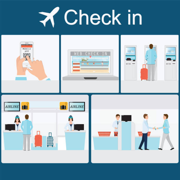 stockillustraties, clipart, cartoons en iconen met zakenman inchecken op de luchthaven. - self service