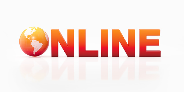 Orange Online text is standing on white reflective background. O letter of Online word is replaced by a globe textured with world map. Horizontal composition with copy space. Clipping path is included.