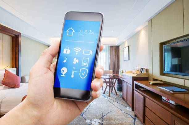 istock smart phone with modern twin bed room 860366504