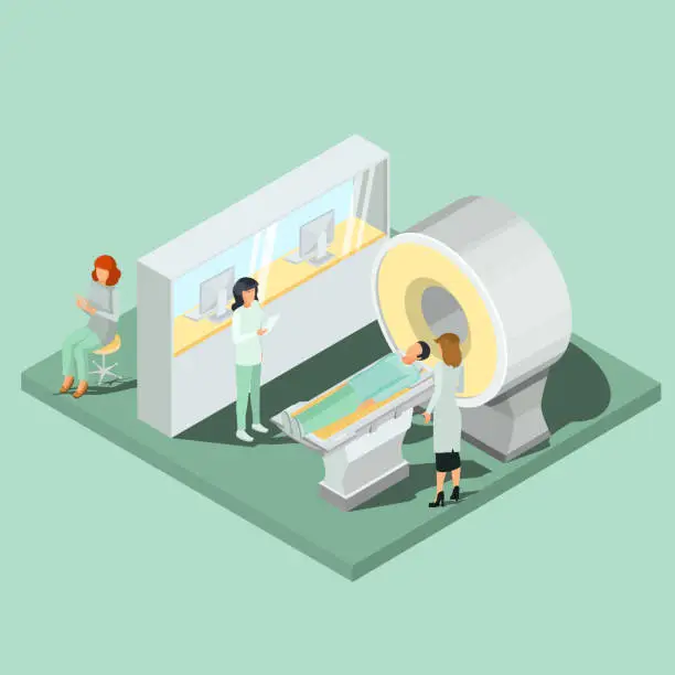 Vector illustration of Medical MRI scanner, medical personnel and patient isometric projector vector