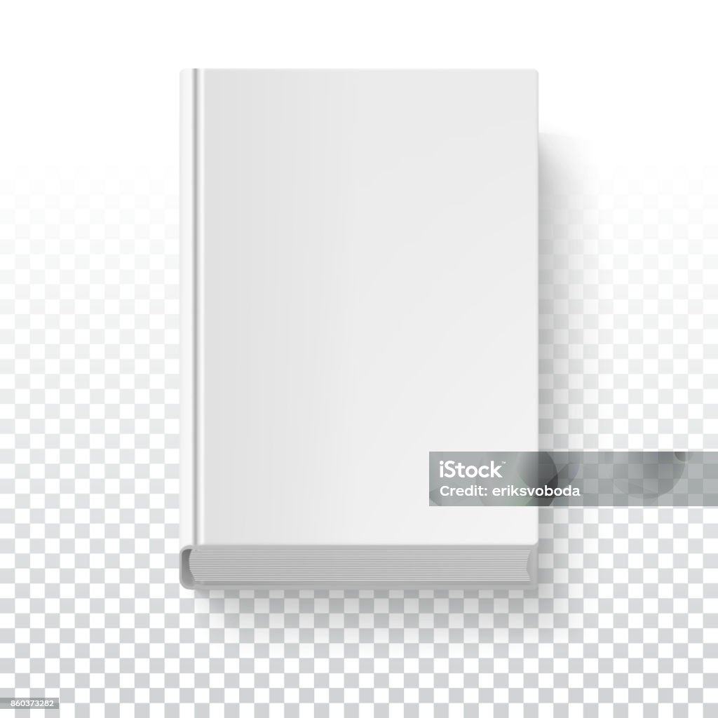 White book template on transparent background with accurate shadow, top view. Grayscale mock-up for your presentation or design, 3D illustration Blank stock vector