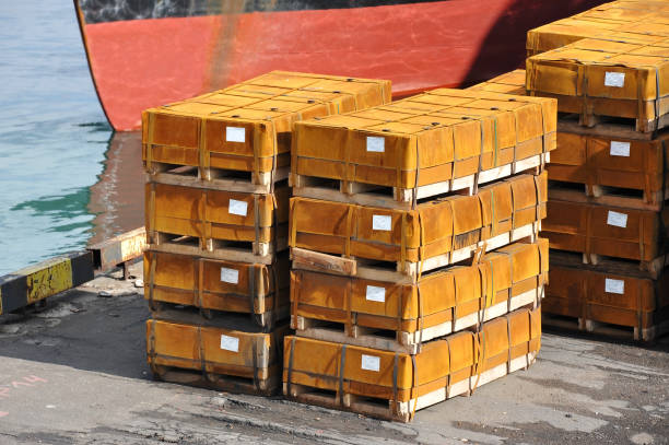 istock Rusty rolled metal in port 860377424