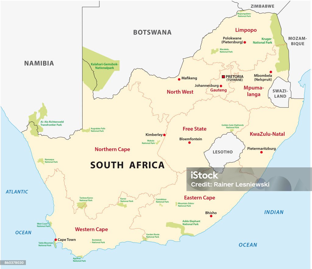 mapa de Parque Nacional de África del sur - arte vectorial de República de Sudáfrica libre de derechos