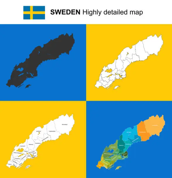 Vector illustration of Sweden - Vector highly detailed political map with regions, provinces and capital. All elements are separated in editable layers EPS 10.