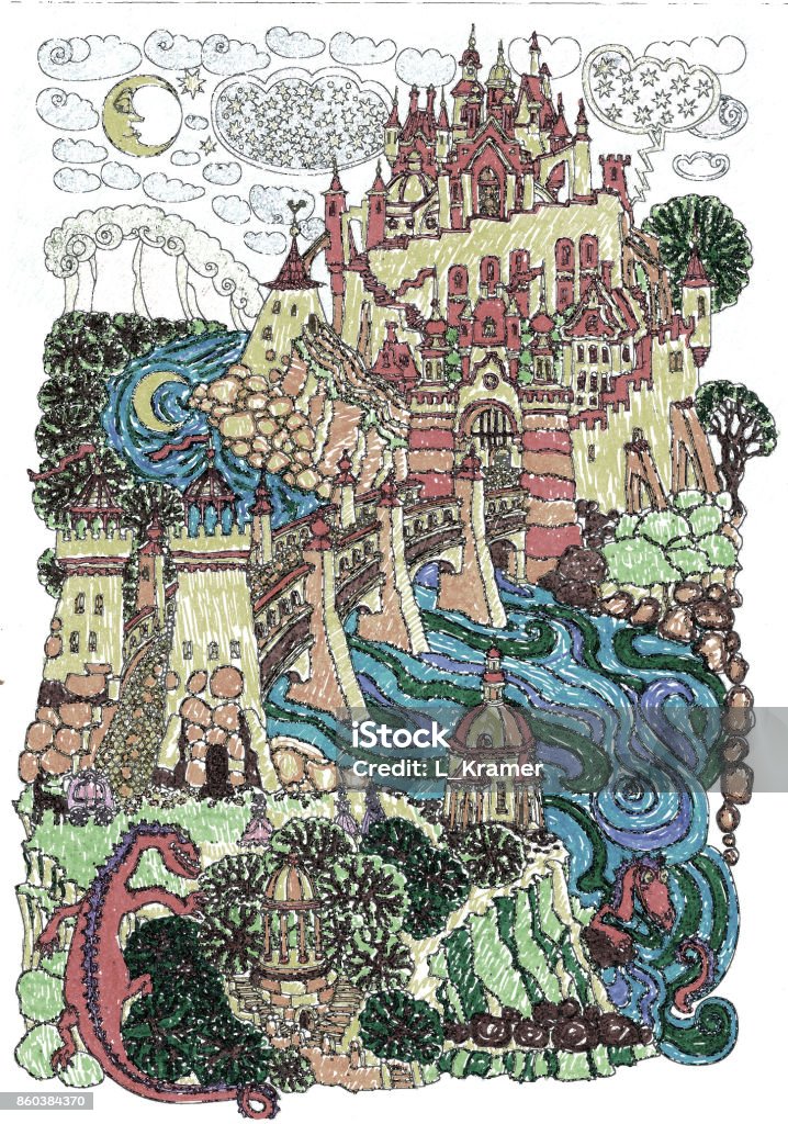 Fantasy landscape. Fairy tale yellow and red castle on a hill. Fantastic garden, blue river, stone arch bridge. Funny dragons, horse carriage. T-shirt print. Album cover. Hand painted with bright colors Castle Mountain stock illustration