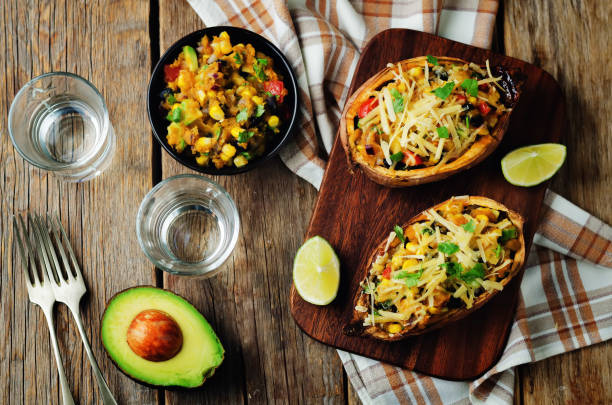 Black bean avocado corn stuffed sweet potatoes