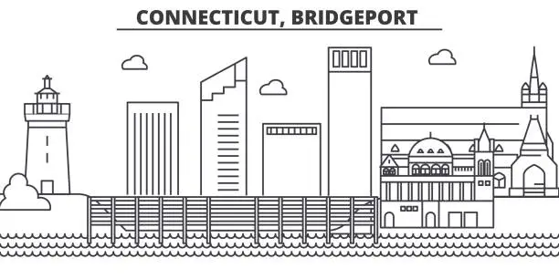 Vector illustration of Connecticut, Bridgeport architecture line skyline illustration. Linear vector cityscape with famous landmarks, city sights, design icons. Landscape wtih editable strokes