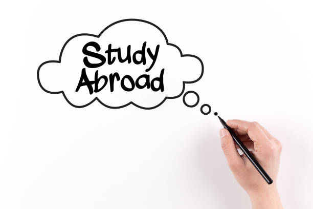 istock Hand writing STUDY ABROAD on white paper, View from above 860390098