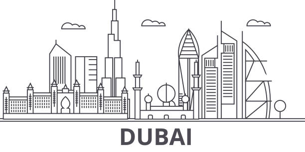 ilustraciones, imágenes clip art, dibujos animados e iconos de stock de ilustración de skyline de dubai arquitectura línea. paisaje urbano vector lineal con los monumentos famosos, monumentos de la ciudad, diseño de los iconos. paisaje con trazos editables - dubai built structure business skyscraper