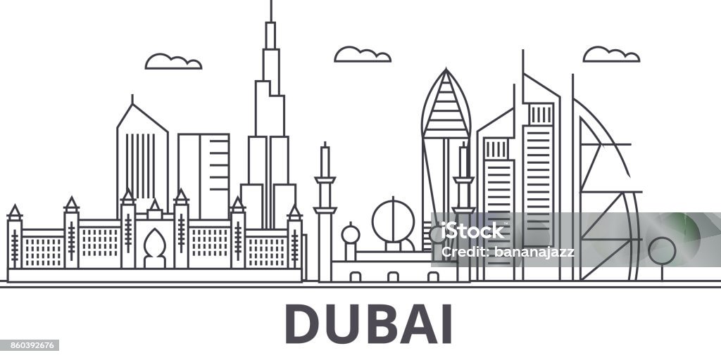 Dubai architecture line skyline illustration. Linear vector cityscape with famous landmarks, city sights, design icons. Landscape wtih editable strokes Dubai architecture line skyline illustration. Linear vector cityscape with famous landmarks, city sights, design icons. Editable strokes Dubai stock vector