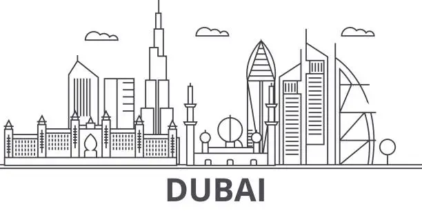 Vector illustration of Dubai architecture line skyline illustration. Linear vector cityscape with famous landmarks, city sights, design icons. Landscape wtih editable strokes