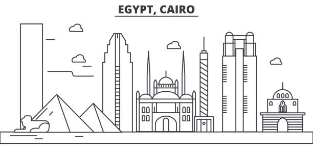 egipt, kair architektura linii skyline ilustracji. liniowy wektorowy pejzaż miejski ze słynnymi punktami orientacyjnymi, zabytkami miasta, ikonami designu. poziome z edytowalnymi pociągnięć - egypt cairo pyramid sunset stock illustrations