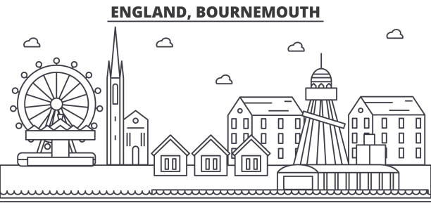 ilustrações, clipart, desenhos animados e ícones de inglaterra, ilustração de horizonte do bournemouth arquitetura linha. paisagem urbana de vetor linear com monumentos famosos, pontos turísticos da cidade, ícones do design. paisagem com traços editáveis - bournemouth