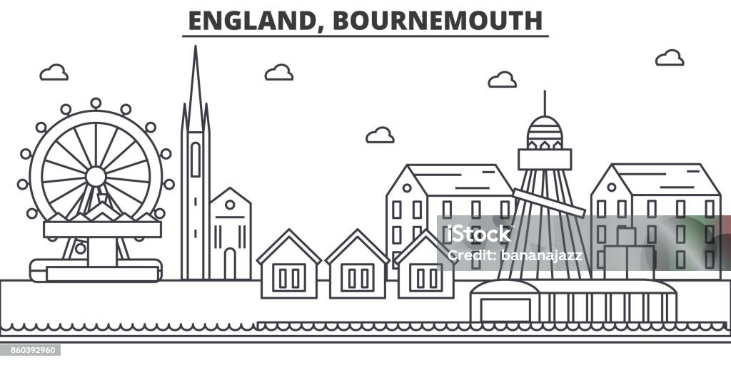 England, Bournemouth architecture line skyline illustration. Linear vector cityscape with famous landmarks, city sights, design icons. Landscape wtih editable strokes England, Bournemouth architecture line skyline illustration. Linear vector cityscape with famous landmarks, city sights, design icons. Editable strokes Bournemouth - England stock vector