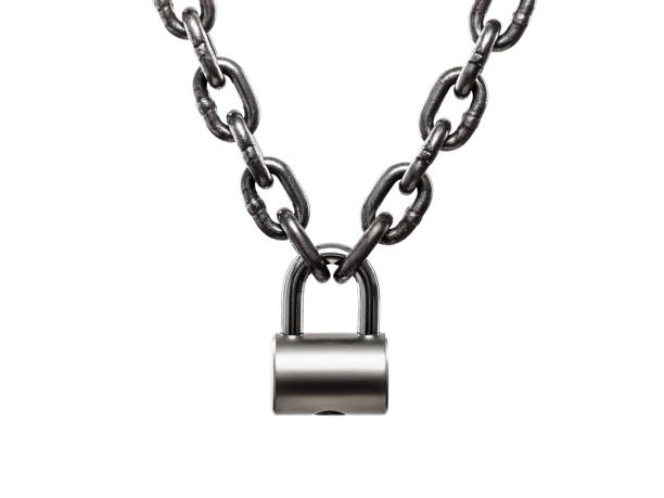 istock Hardened steel cargo lifting metal chain locked on padlock 860393870