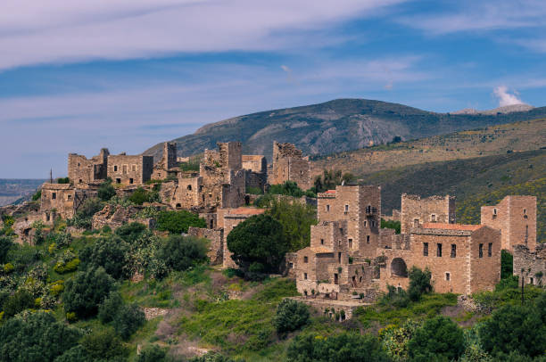 Vathia the impressive traditional village of Mani with the characteristic tower houses. Lakonia Peloponnese stock photo