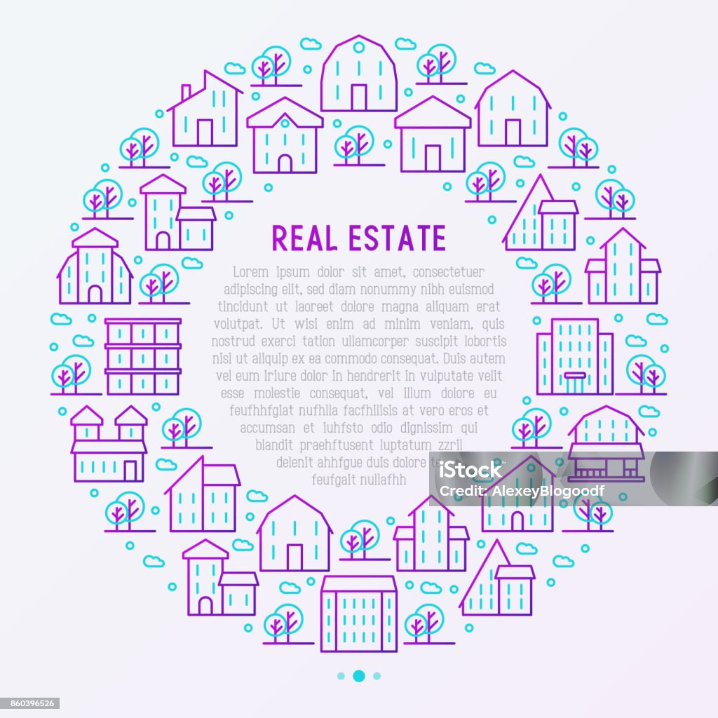 Real estate concept in circle with thin line houses and trees. Modern vector illustration for background of banner, web page, print media. Circle stock vector