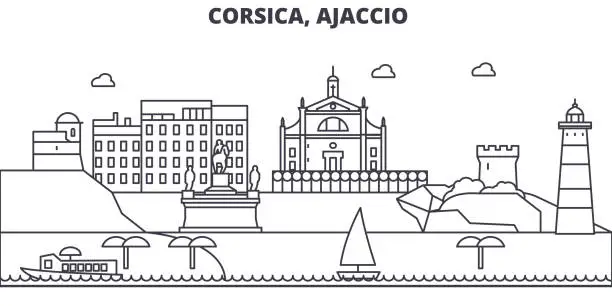 Vector illustration of France, Ajaccio architecture line skyline illustration. Linear vector cityscape with famous landmarks, city sights, design icons. Landscape wtih editable strokes
