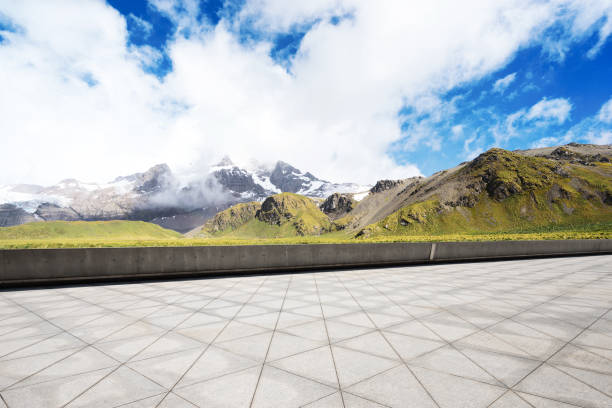 istock empty marble floor with beautiful snow mountains 860396920