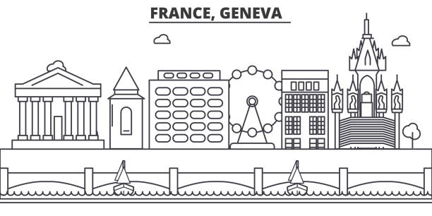 illustrazioni stock, clip art, cartoni animati e icone di tendenza di francia, illustrazione skyline linea architettura ginevra. paesaggio urbano vettoriale lineare con monumenti famosi, attrazioni della città, icone di design. orizzontale con tratti modificabili - geneva switzerland night city