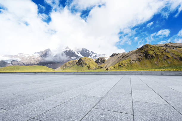 istock empty marble floor with beautiful snow mountains 860399286