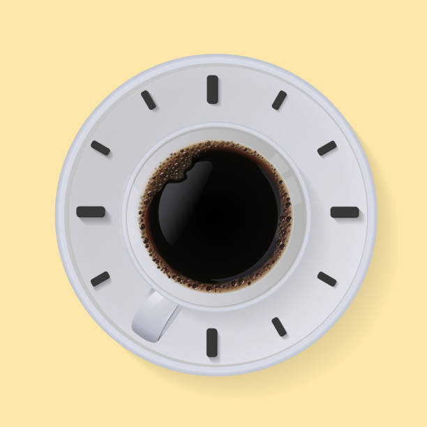 illustrations, cliparts, dessins animés et icônes de concept de temps café, tasse de café noir le matin à 07:00 isolé sur fond jaune, illustration vectorielle. - oclock illustrations