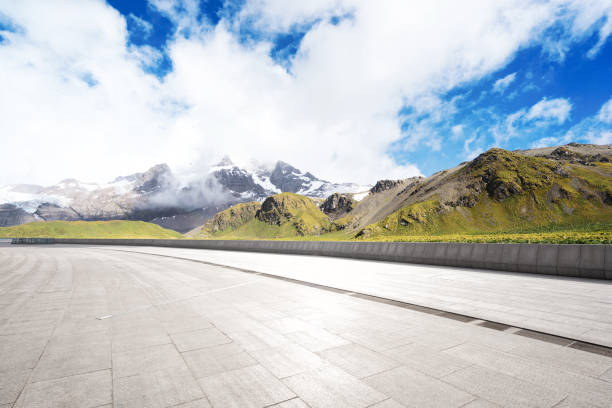 istock empty marble floor with beautiful snow mountains 860399796