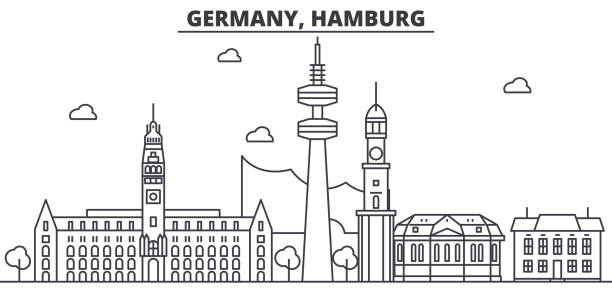 독일, 함부르크 건축 선 스카이 라인 일러스트입니다. 유명한 랜드마크, 시티 명소와 선형 벡터 풍경 디자인 아이콘. 편집 가능한 선 프리 - hamburg stock illustrations