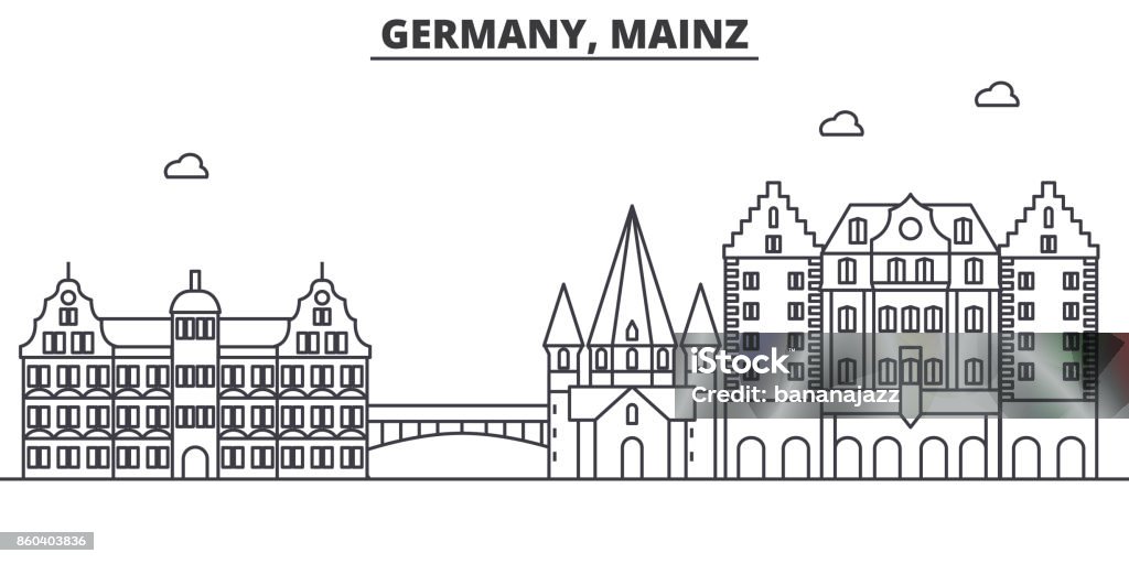 Niemcy, mainz architektura linia skyline ilustracja. Liniowy wektorowy pejzaż miejski ze słynnymi punktami orientacyjnymi, zabytkami miasta, ikonami designu. Poziome z edytowalnymi pociągnięć - Grafika wektorowa royalty-free (Moguncja)